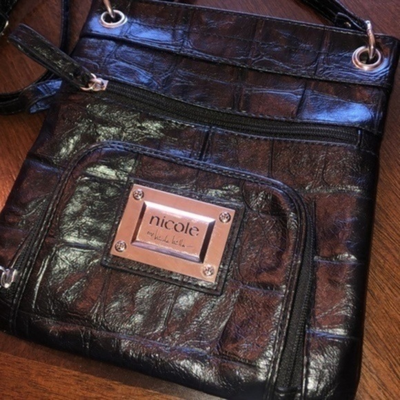 Nicole Miller Handbags - Nicole Miller Black Embossed Faux Leather Crossbody Adjustable Strap Purse